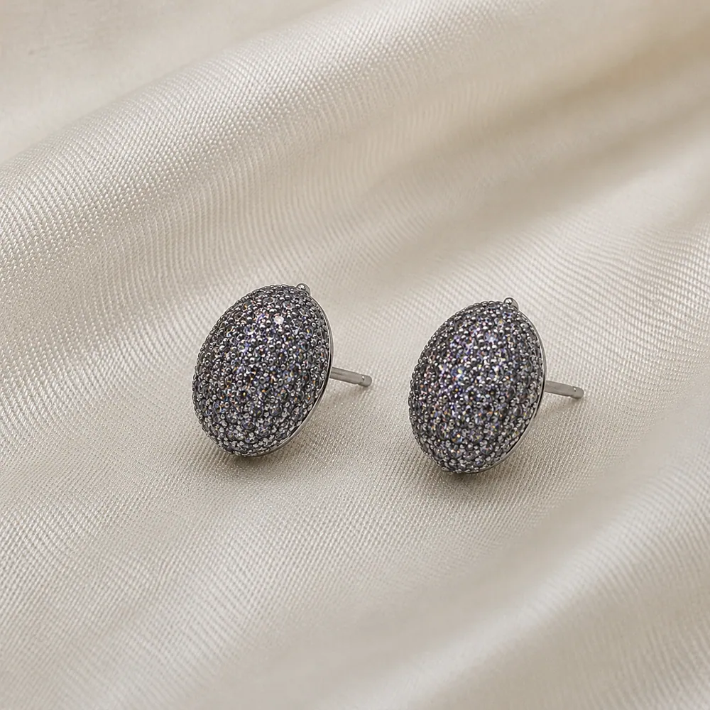 Gümüş Renk Pave Taşlı Oval Küpe